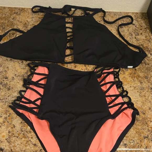 PINK Victoria's Secret Black and Pink Strappy Two Piece Swimsuit - Picture 1 of 6